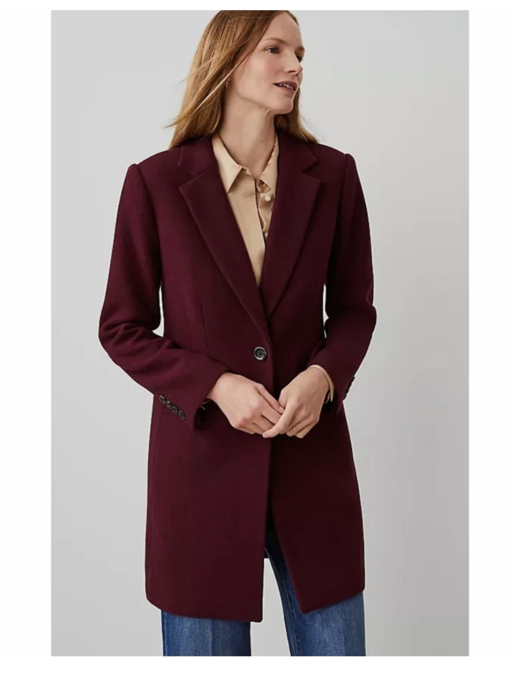 Ann Taylor Deep Burgundy Wool Blend Chesterfield Coat Size L
